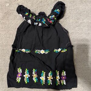 Girls Hand Embroidered Black Floral Cotton Dress Tie Waist Size 12–18M